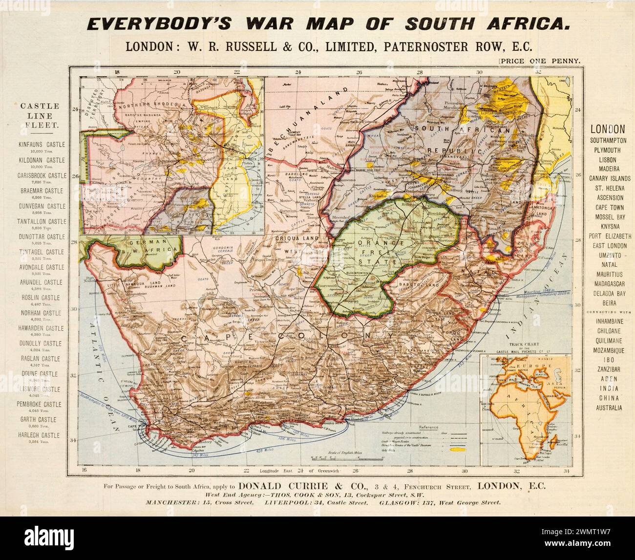 Mappa d'epoca: "Everybody's War Map of South Africa. WR Russel e Co Circa 1899-1901. Periodo della seconda guerra boera. La mappa mostra le risorse, i trasporti. Foto Stock