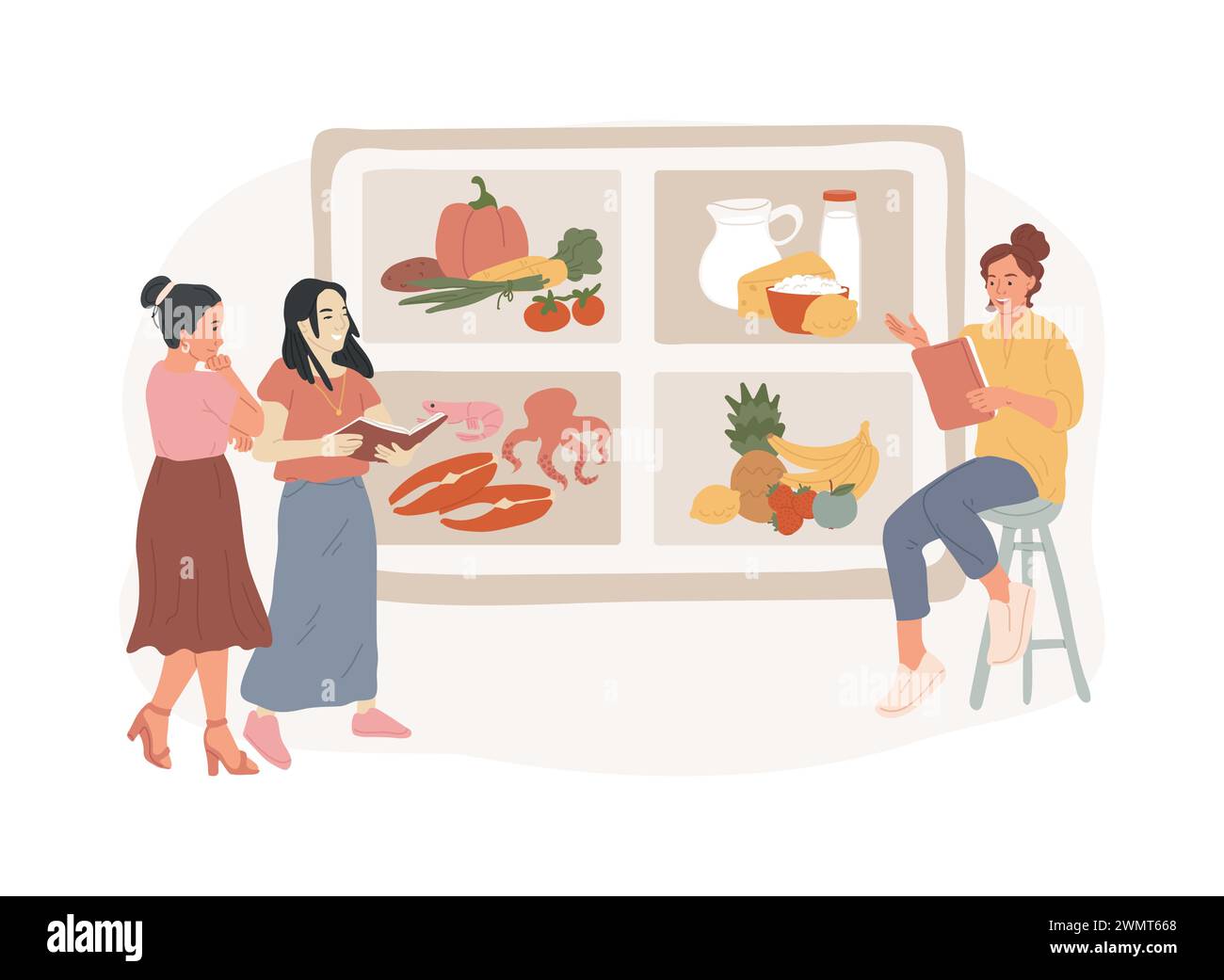 Illustrazione vettoriale concetto isolato workshop salute e nutrizione. Laboratorio di alimentazione sana, abitudini nutrizionali correttive, cura preventiva dei bambini, imparare a cucinare, perdere concetto di vettore di peso. Illustrazione Vettoriale