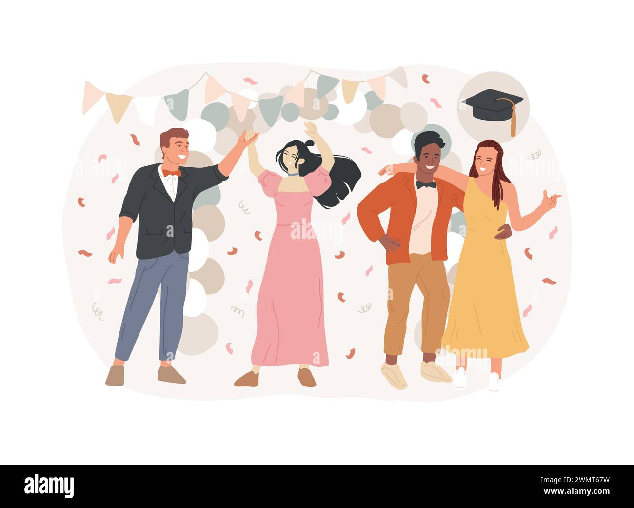 Illustrazione vettoriale del concetto isolato da parte del prom. Invito serale al ballo, ballo della scuola, occasione di laurea, ballo scolastico, festa degli studenti, evento glamour, speciale concetto vettoriale notturno. Illustrazione Vettoriale