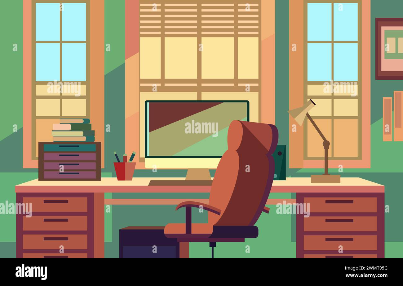 Design vettoriale piatto di un ambiente di lavoro colorato con monitor e cancelleria su una scrivania Illustrazione Vettoriale