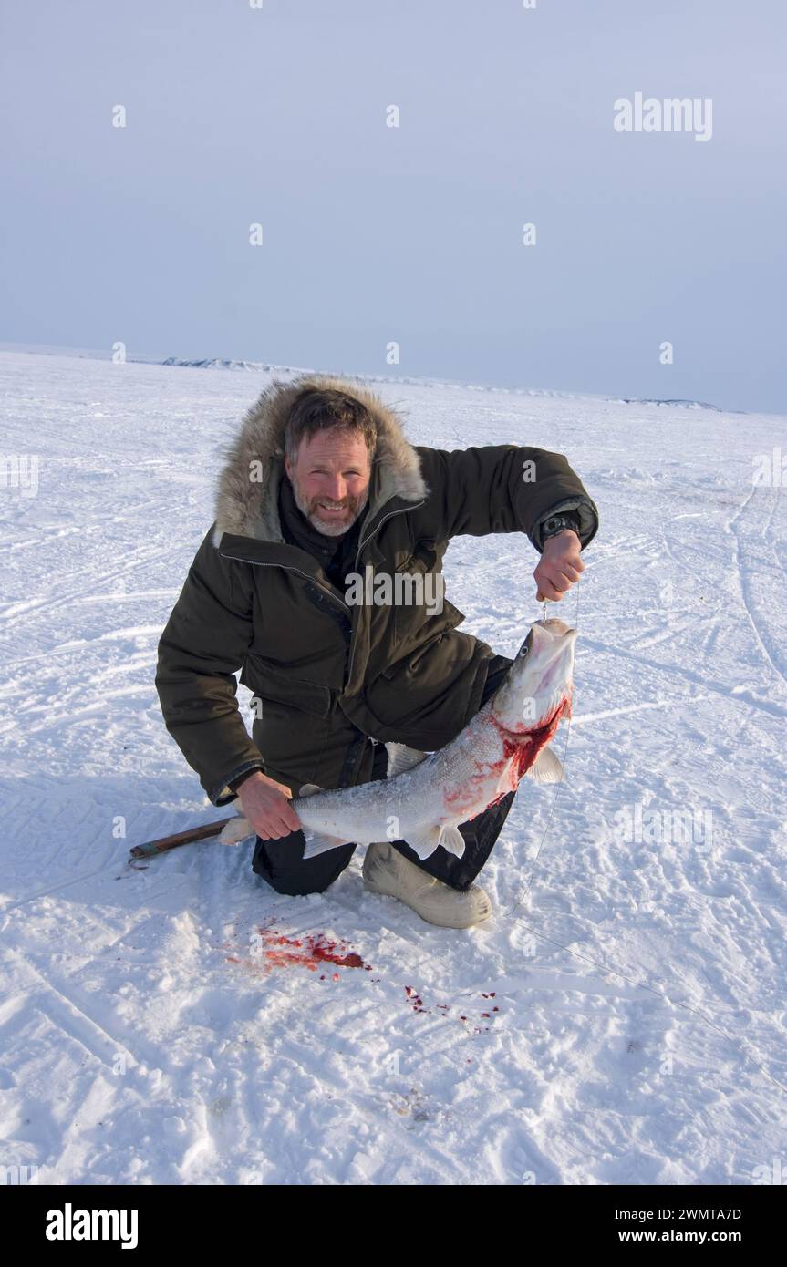 Tim Cook guida l'Alaska per la pesca su ghiaccio dei pesci ovini sul suono di Kotzebue fuori dalla cittadina di Kotzebue Sound, nell'Alaska artica nord-occidentale Foto Stock