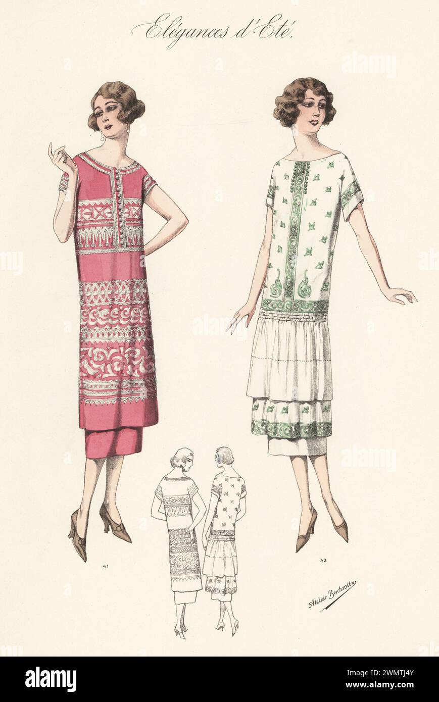 Flappers in corti bossetti ondulati e abiti estivi. Camice di tussalga 41 ricamato e abito di crepalga 42 in tinta unita e ricamata. Litografia a colori di Atelier Bachwitz di Modell-Kleider fur den Hochsommer, Elegances d'Ete, Fashions for the Hot Season, Atelier Bachwitz AG, Vienna, 1925. Foto Stock