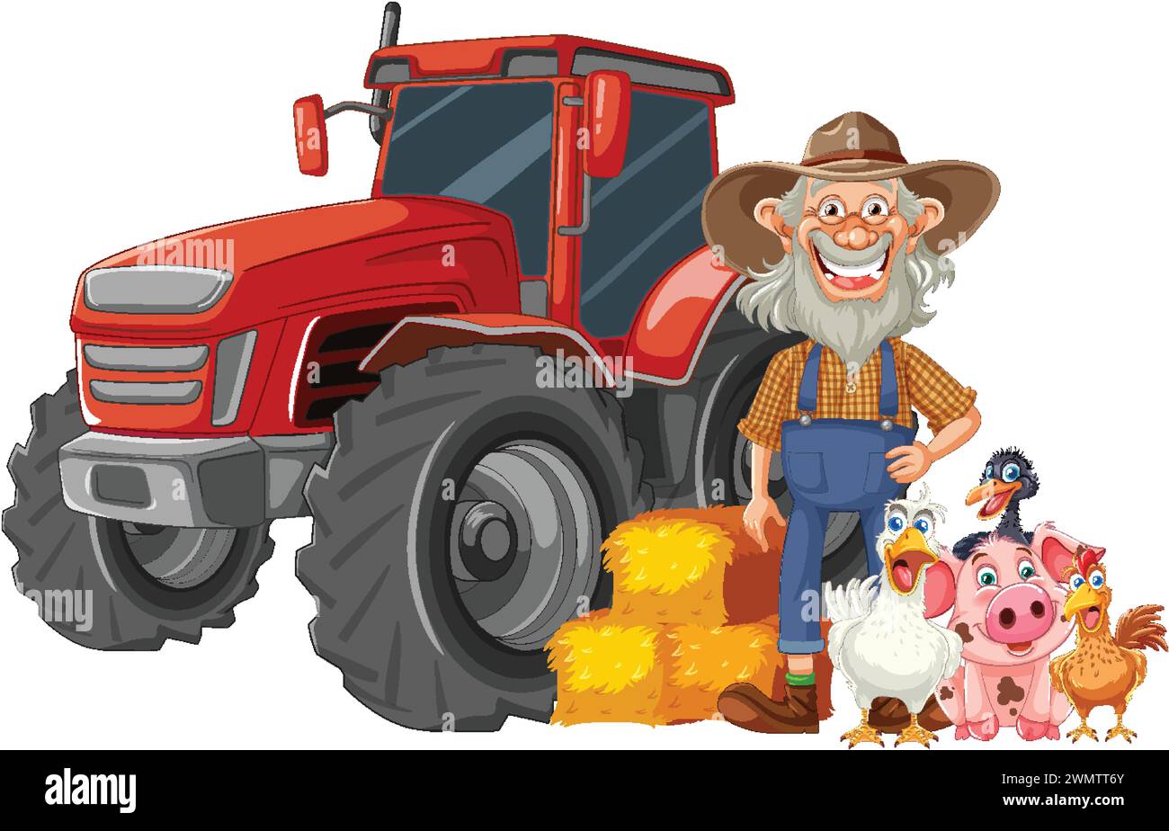 Allegro agricoltore accanto ai trattori e agli animali da fattoria Illustrazione Vettoriale