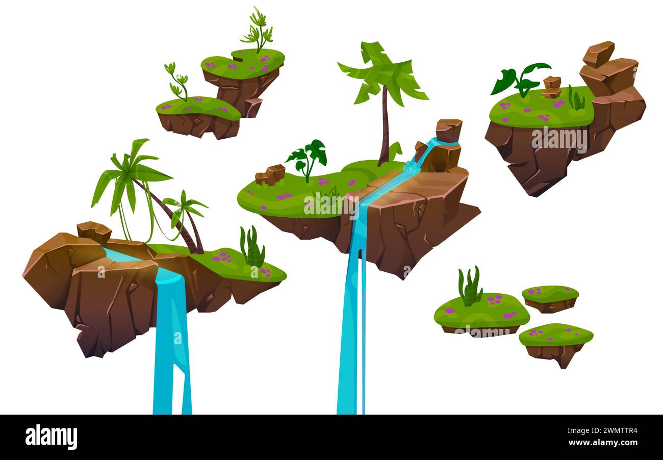 Piattaforma di terra galleggiante con erba verde, cespugli e palme, scogliera rocciosa e ruscello fluviale con cascata per il concetto di salto di livello dell'interfaccia utente dei videogiochi. Set di cartoon vettoriali di isole di terra volanti fantasy. Illustrazione Vettoriale