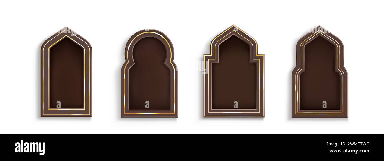 Cornice araba sotto forma di finestra di forma tradizionale per le congratulazioni di intestazione e testo. Serie di illustrazioni vettoriali realistiche con bordo ad arco marrone con decorazioni dorate. Casella di testo semplice e modello banner. Illustrazione Vettoriale
