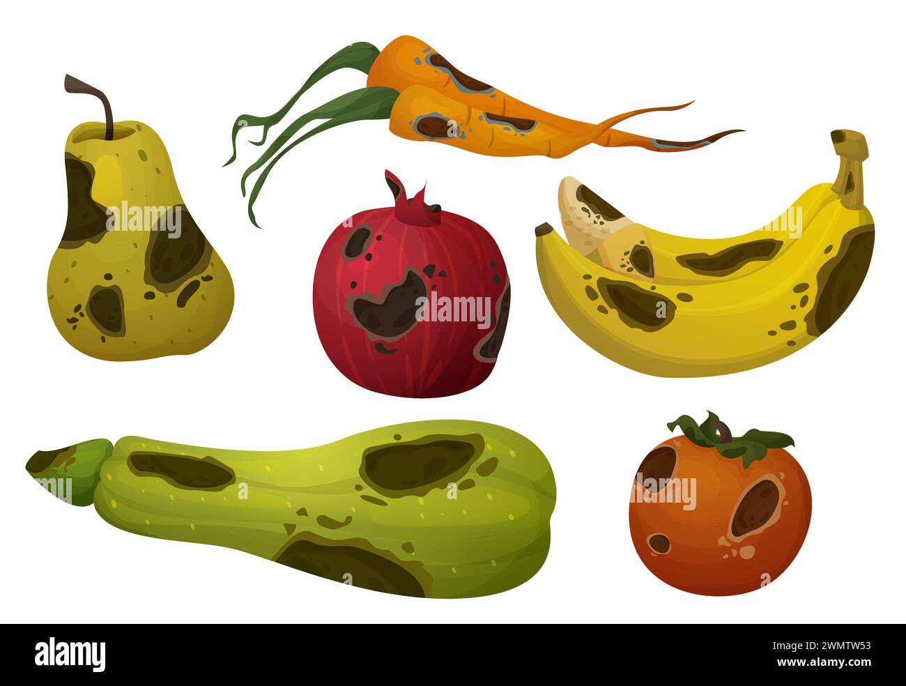 Marcire il cibo con marciume e muffa. Serie di illustrazioni vettoriali di frutta e verdura sporche e rovinate. Farina ammuffita danneggiata contaminata da macchie fungine per il concetto di compost o riciclo. Prodotto pericoloso. Illustrazione Vettoriale