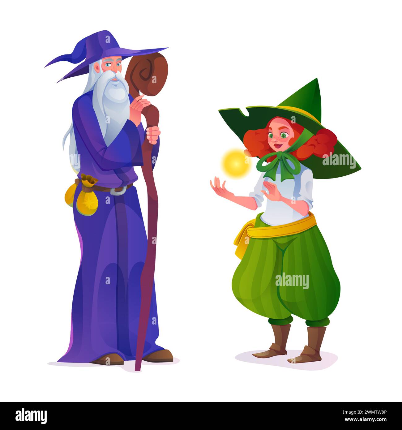 Vecchio saggio druido maschio con cappuccio viola e cappello con lunga barba grigia e bastone in legno in piedi con giovane elfo rosso dei capelli in costume verde con una palla magica in mano. Personaggi dell'interfaccia utente del gioco vettoriale dei cartoni animati. Illustrazione Vettoriale