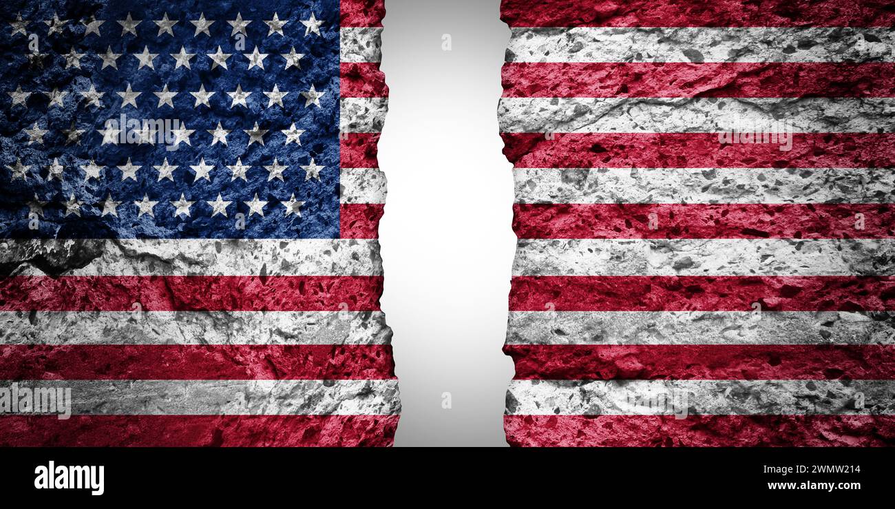 Polarizzazione nella politica statunitense e simbolo politico americano diviso per la disfunzione del governo negli Stati Uniti come elezione a due sistemi partitici. Foto Stock