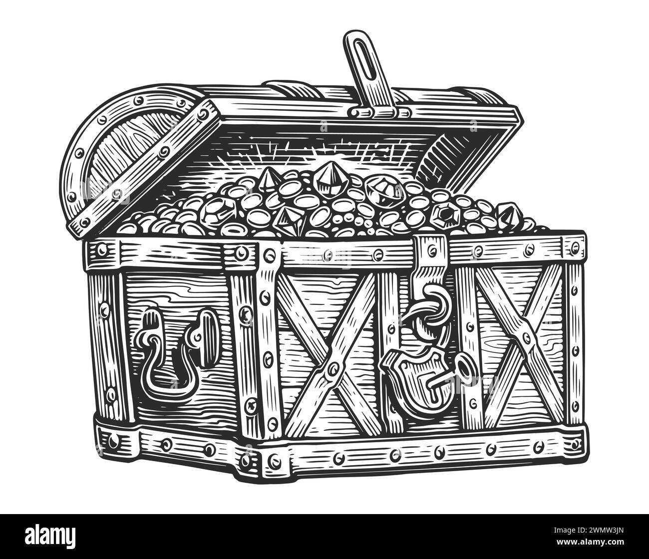 Cassa pirata piena di tesori di monete d'oro e pietre preziose. Illustrazione vettoriale disegnata a mano in stile incisione Illustrazione Vettoriale