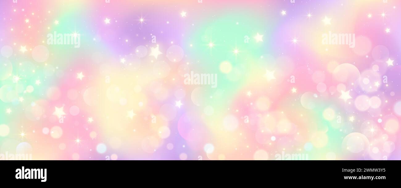 Sfondo cielo pastello arcobaleno. Galassia magica dell'unicorno rosa con glitter. Carino sfondo olografico kawaii con bokeh. Sfondo in marmo astratto con Illustrazione Vettoriale