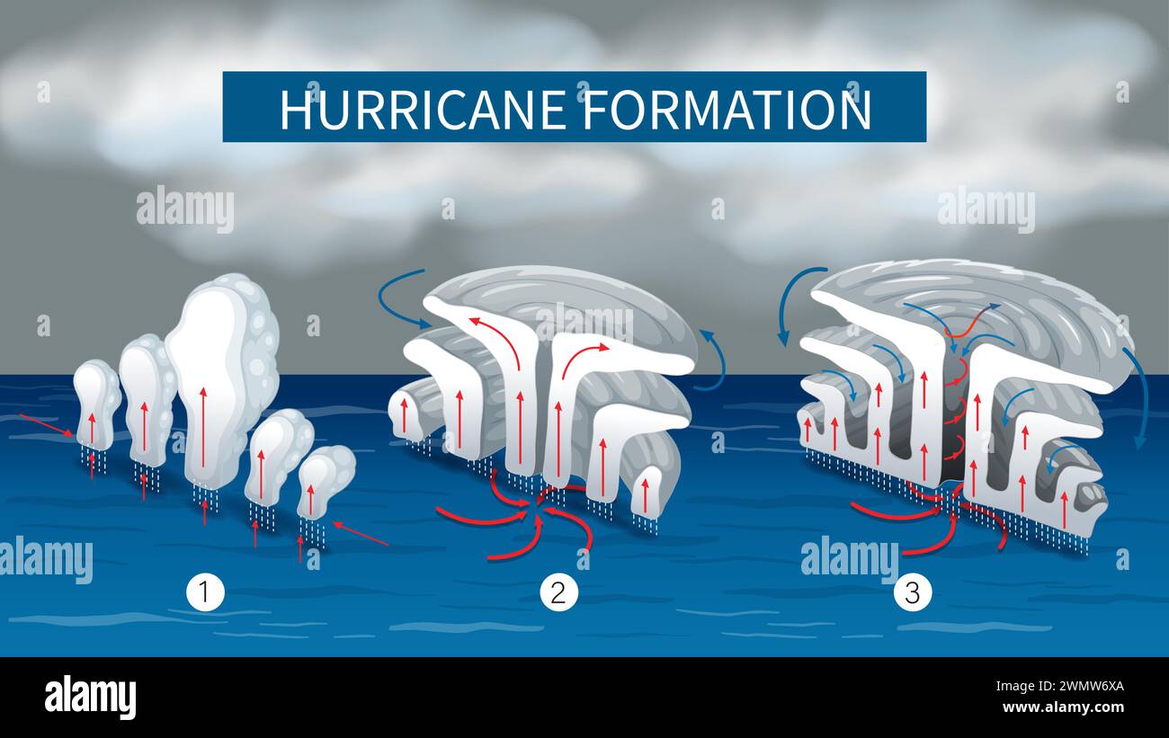 Illustrazione che mostra il processo di formazione degli uragani Illustrazione Vettoriale