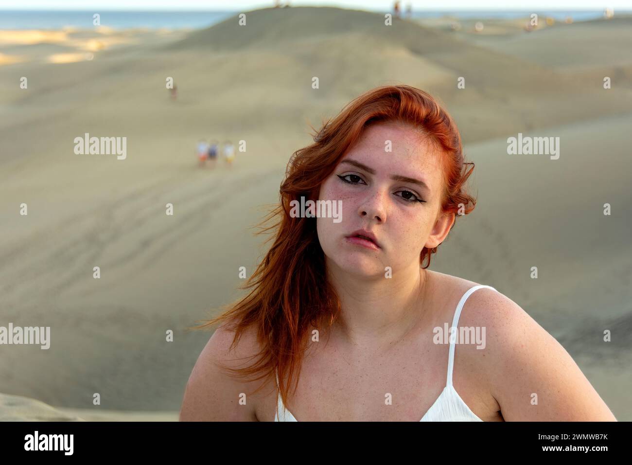Giovane ragazza con i capelli rossi, in spiaggia d'estate, i suoi capelli sono stregati dal vento Foto Stock