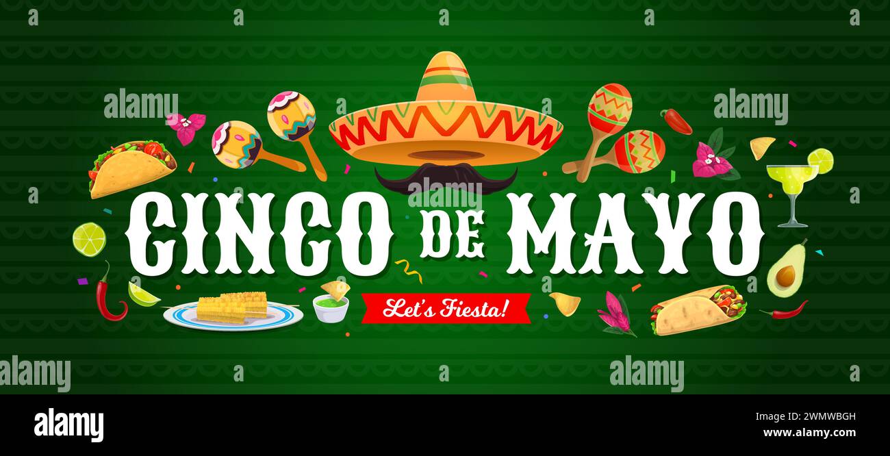 Cinco de Mayo banner messicano per le vacanze con sombrero e cibo, poster vettoriale. Celebrazione messicana del Cinco de Mayo e festa di festa, maracas, margarita e burrito con taco, guacamole di avocado e peperoni Illustrazione Vettoriale