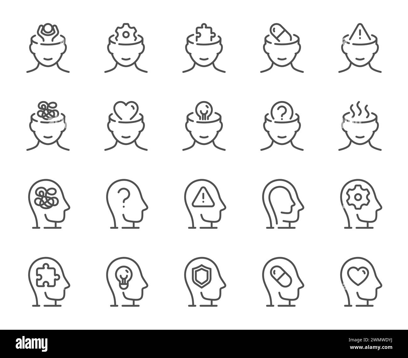 Icone della linea di salute mentale. Ansia da stress, pillola di mal di testa e set di terapia per persona. Vettore Illustrazione Vettoriale