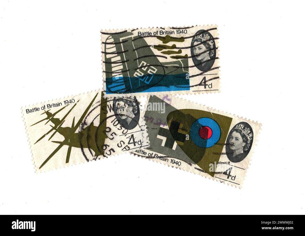 Vintage Battle of Britain 1940 francobolli dal Regno Unito isolati su sfondo bianco. Foto Stock