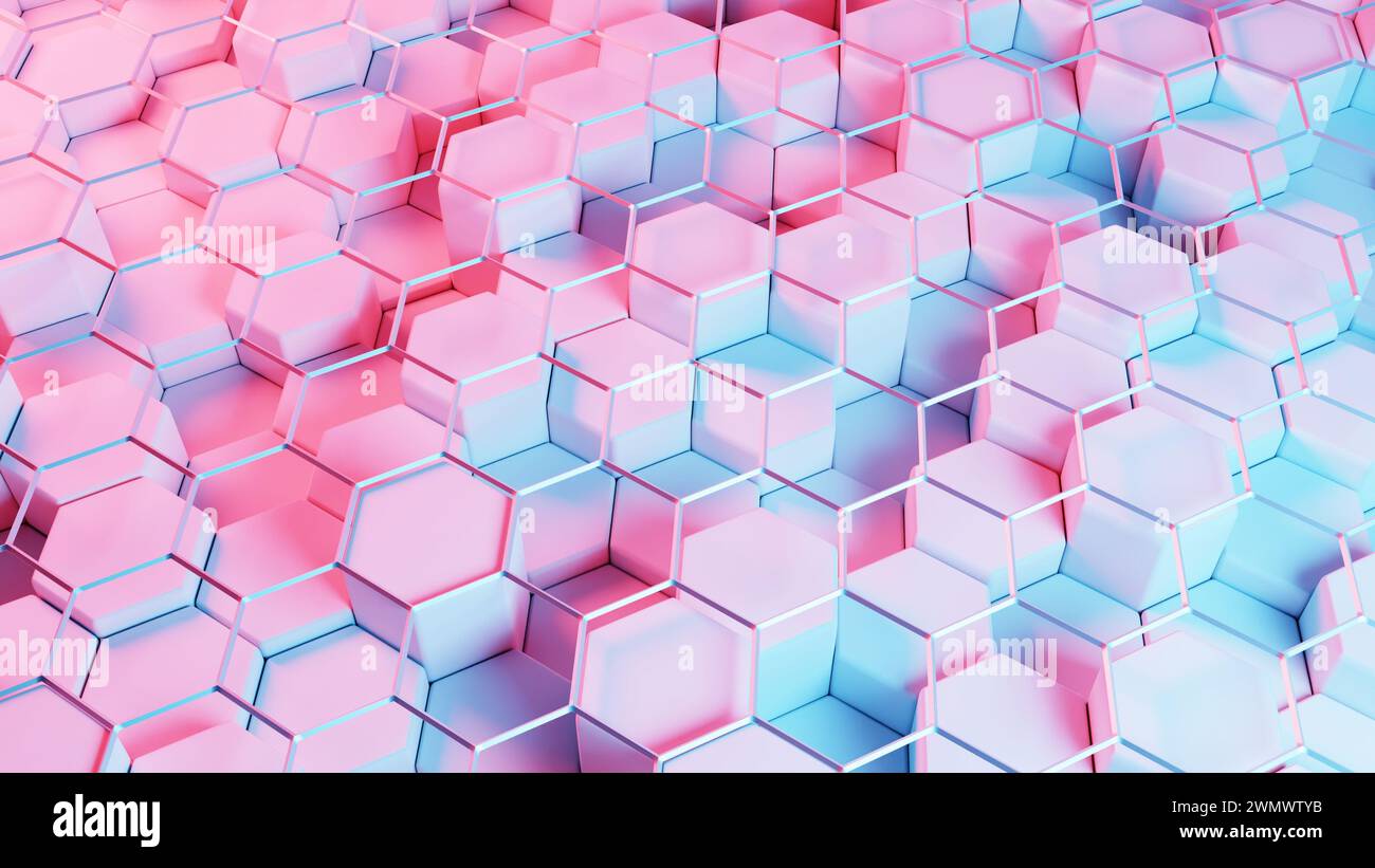 Forme geometriche stilizzate che formano una blockchain semplificata. Foto Stock