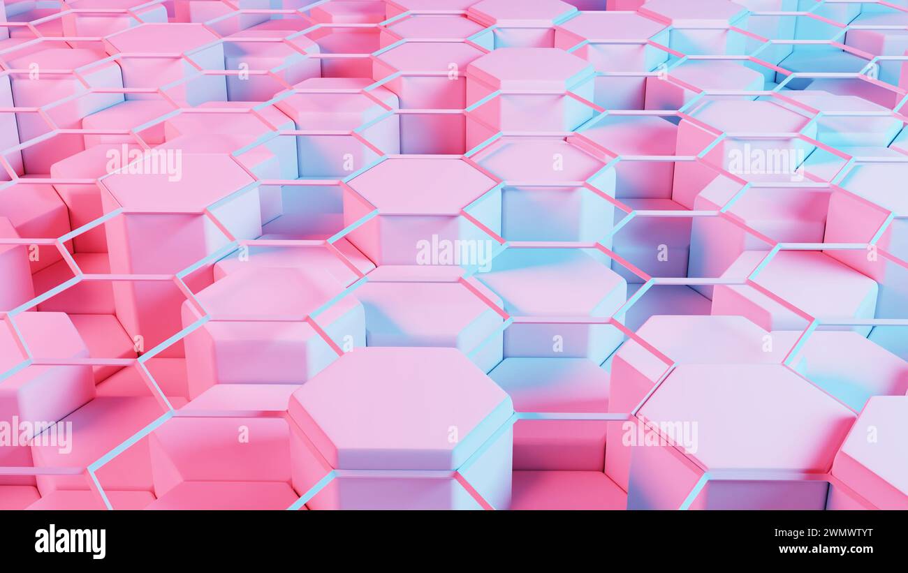 Forme geometriche stilizzate che formano una blockchain semplificata. Foto Stock