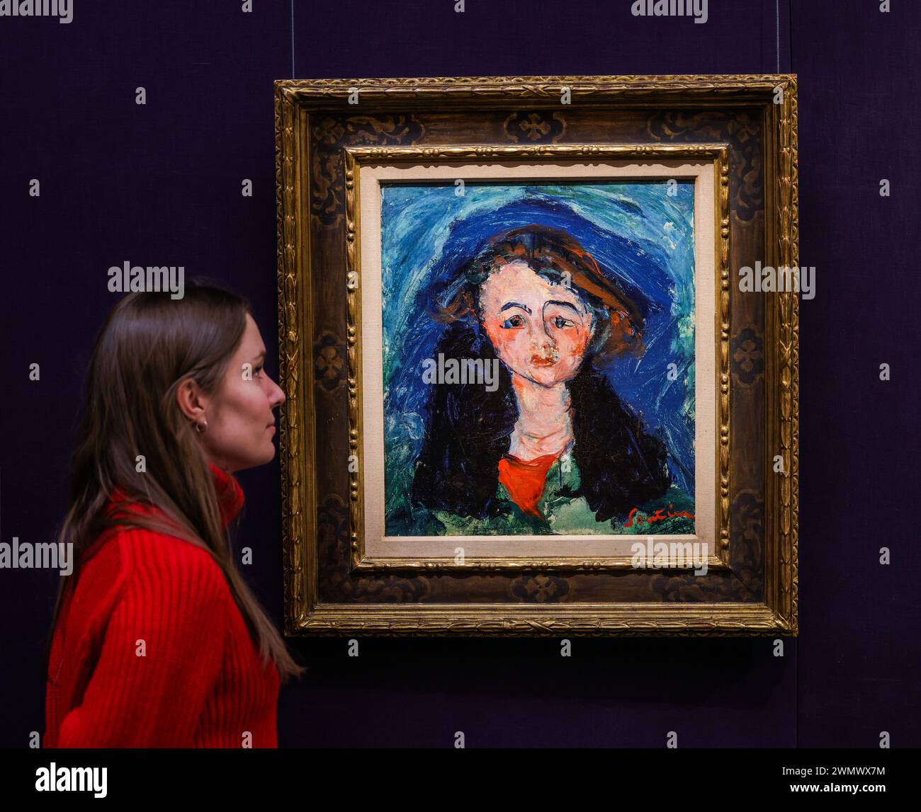 Sotheby's, Londra, Regno Unito. 28 febbraio 2024. Chaim Soutine, Ritratto di Jeune Fille,1928, Est £400,000-600, 00 inaugurazione di opere straordinariamente rare di Picasso, Monet, Miro, Bacon, Dubuffet, Gilort.Paul Quezada-Neiman/Alamy Live News crediti: Paul Quezada-Neiman/Alamy Live News Foto Stock