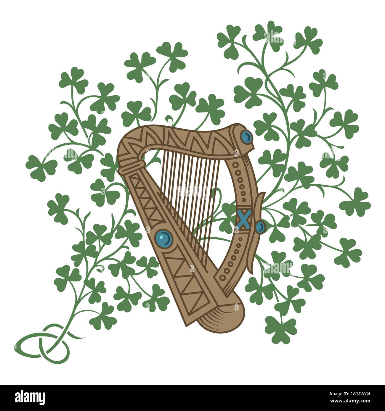 Design irlandese in stile vintage e retrò. Foglie di arpa e trifoglio in stile celtico con ornamenti etnici Illustrazione Vettoriale