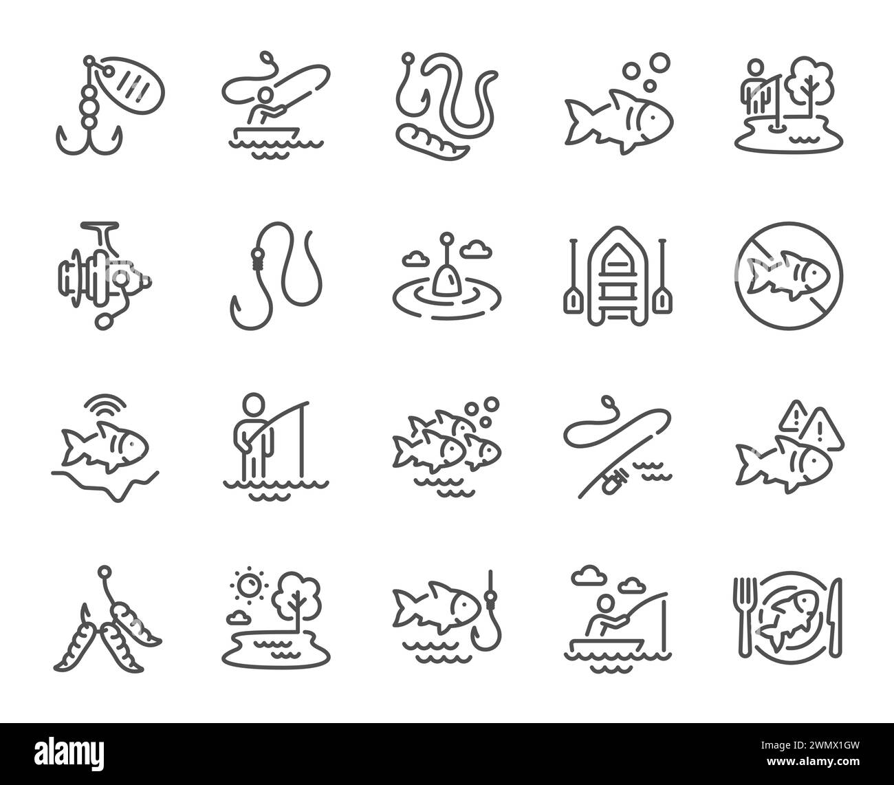 Icone della linea di pesca. Barca gonfiabile, esca Worms o Maggot e set di canne da pesca. Vettore Illustrazione Vettoriale