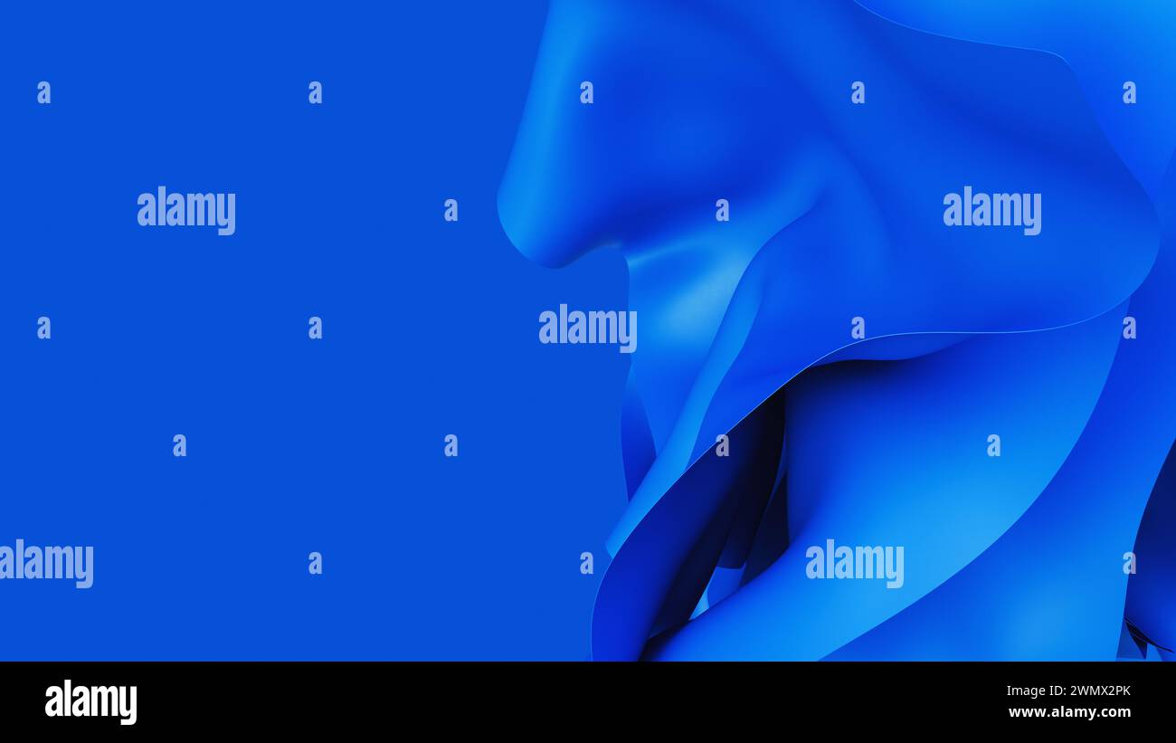 Movimento del tessuto morbido blu ondulato astratto in presenza di vento. Panno satinato morbido. illustrazione di rendering 3d. Foto Stock