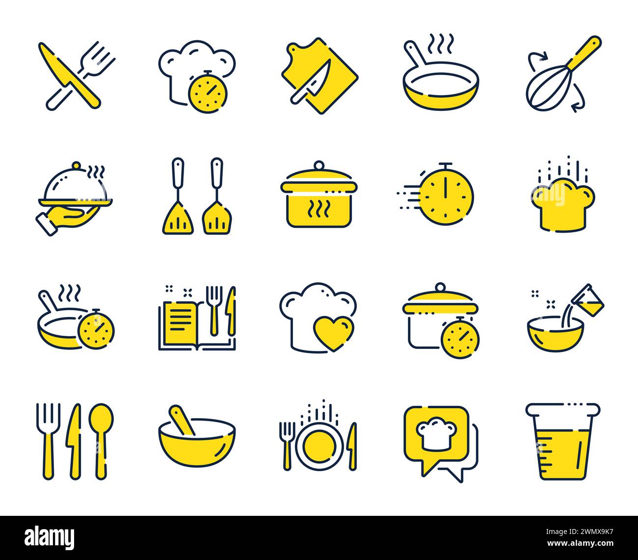 Icone della linea di cottura. Tempo di ebollizione, padella e utensili da cucina. Vettore Illustrazione Vettoriale