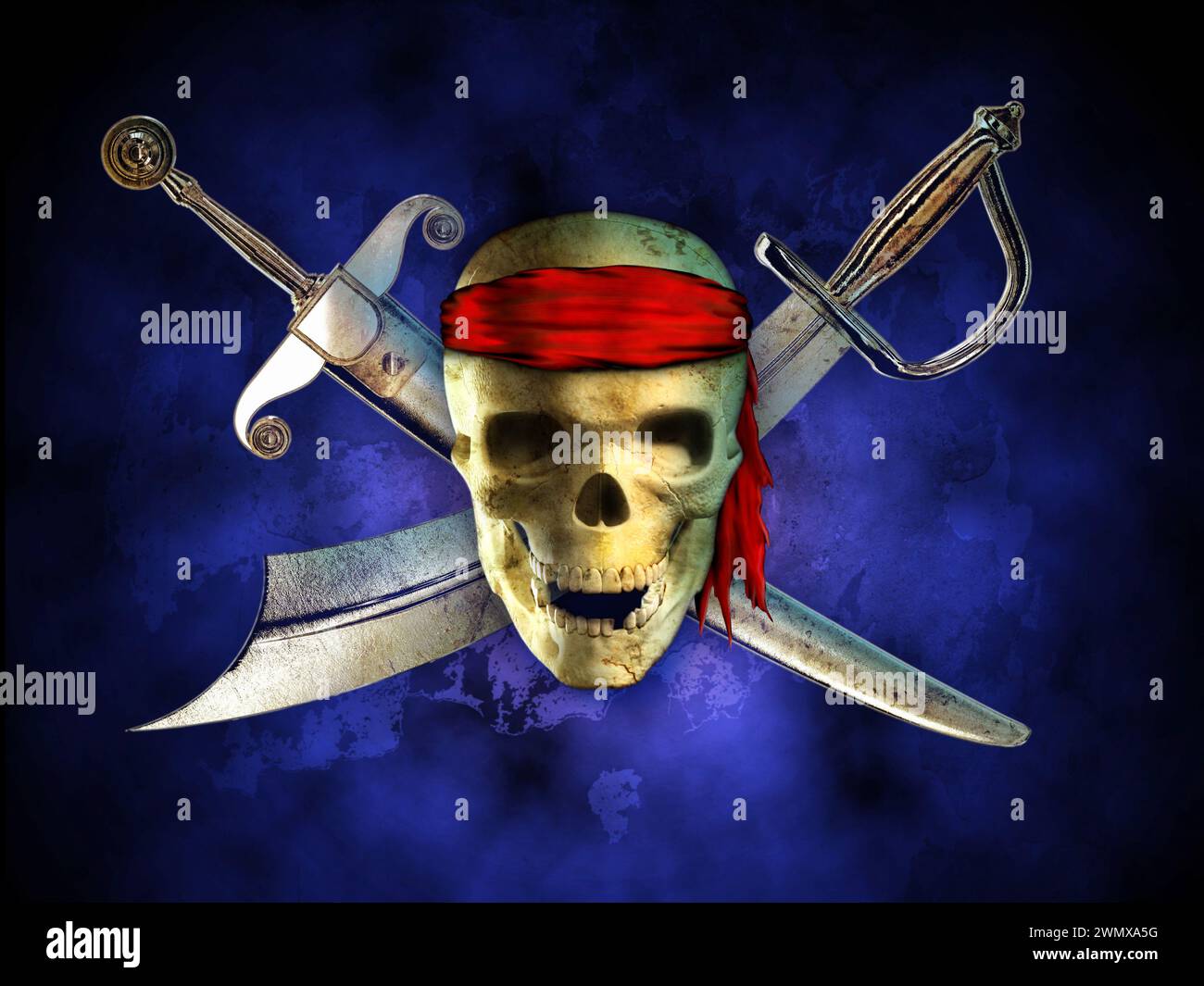 Minaccioso cranio dei pirati con due spade incrociate sullo sfondo. Illustrazione digitale. Foto Stock