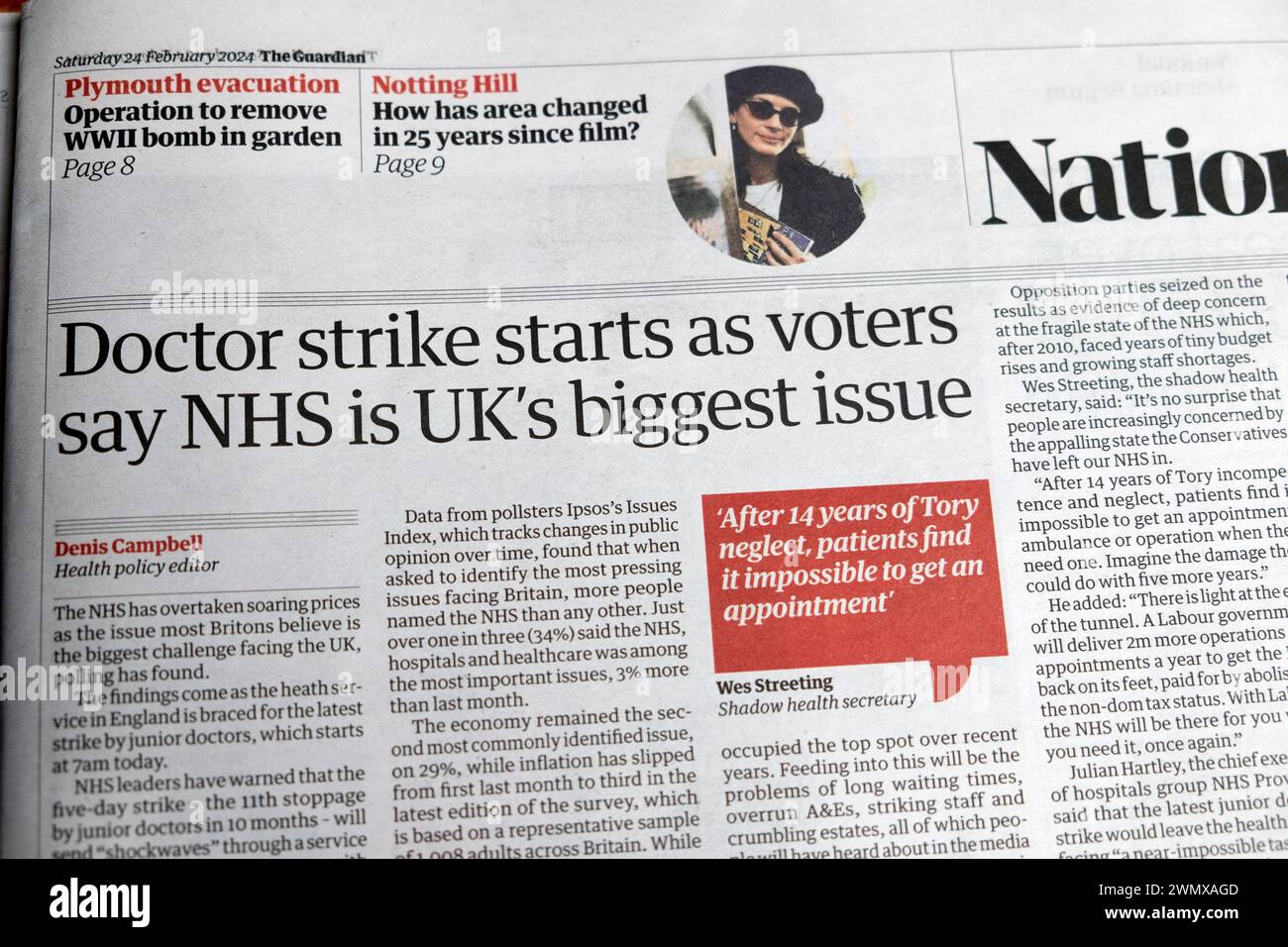 "Lo sciopero dei medici inizia quando gli elettori dicono che NHS è il più grande numero del Regno Unito" quotidiano Guardian headline numero di servizio sanitario articolo 24 febbraio 2024 Londra Regno Unito Foto Stock