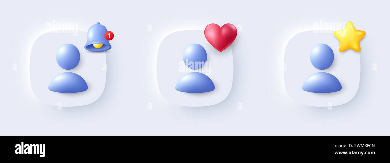 Pulsanti segnaposto avatar 3D. Icona Best Friend, nuovo promemoria per i messaggi e mi piace sui social media. Illustrazione vettoriale Illustrazione Vettoriale