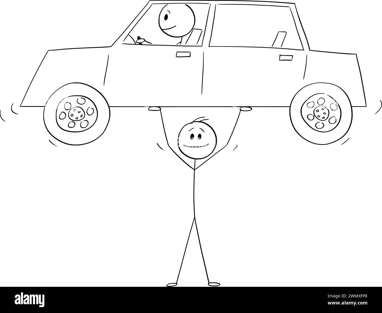 Persona o uomo d'affari che solleva l'auto tra le mani, illustrazione della figura di un Cartoon Stick vettoriale Illustrazione Vettoriale