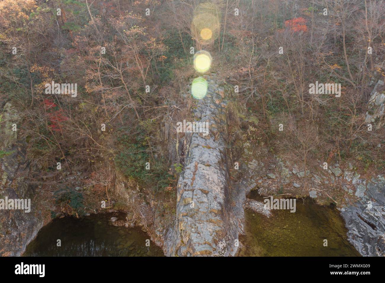 Due pozze d'acqua fluviale sulle montagne di alberi autunnali nel pomeriggio soleggiato, in Corea del Sud Foto Stock