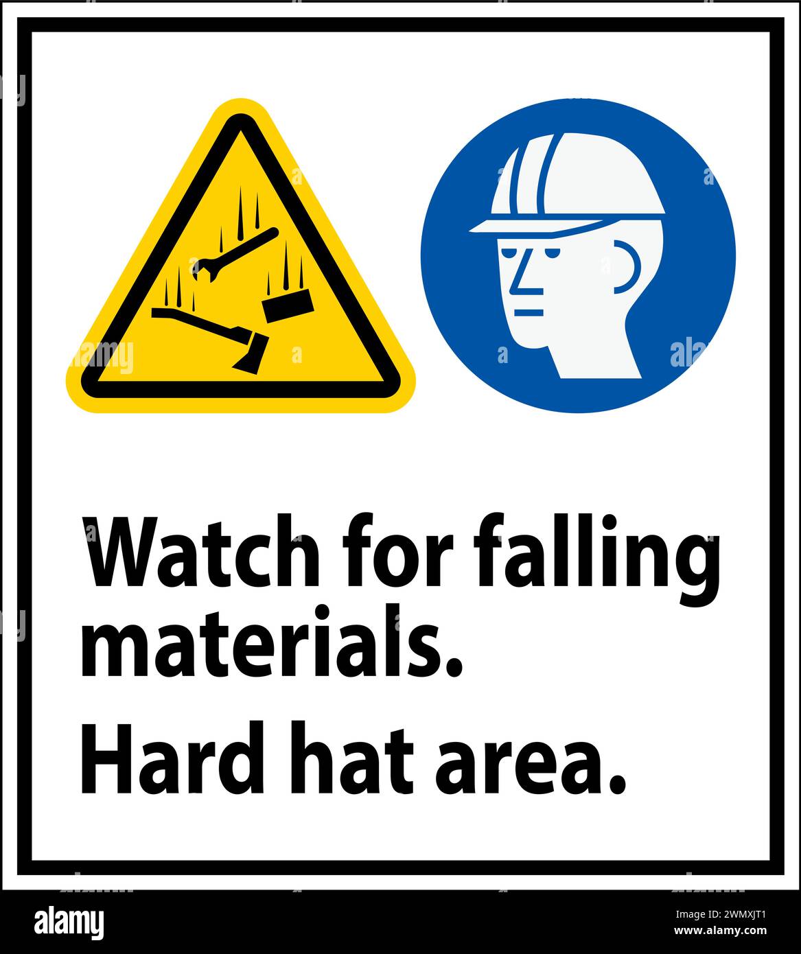 Cartello di avvertimento, attenzione alla caduta di materiali, area con elmetto Illustrazione Vettoriale