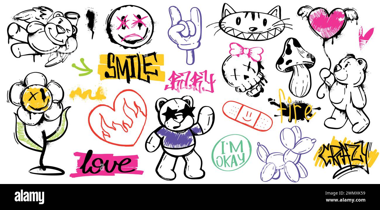 Set di elementi per graffiti con vernice spray di orsi, fiori, cuore, funghi, gatto, cranio, gesso, sorriso e gesto cool. Simboli grafici a inchiostro grunge e etichette di Street art a colori isolate su sfondo bianco. Illustrazione Vettoriale