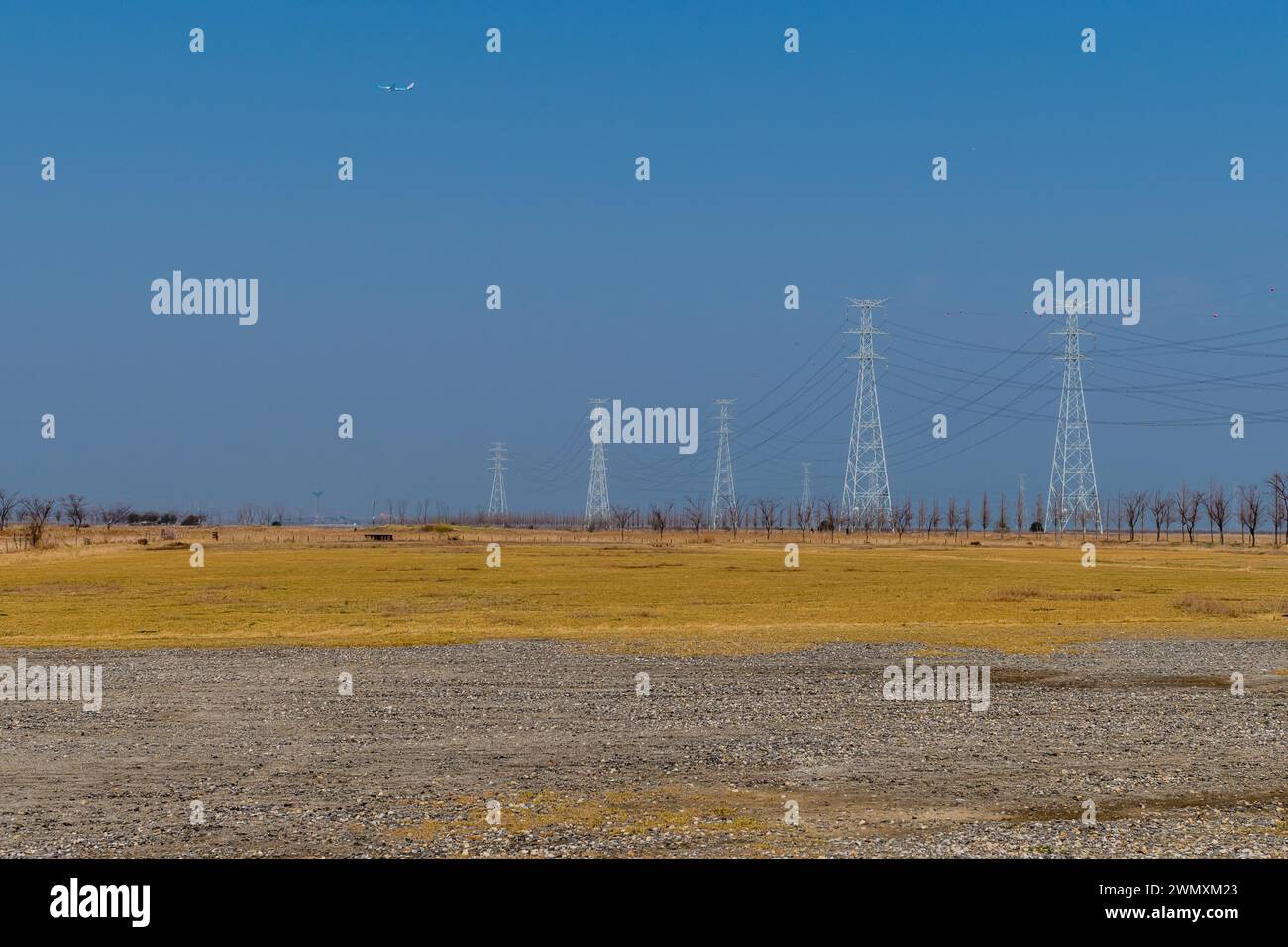 Torri elettriche al limite del campo aperto sotto il cielo blu con aereo sullo sfondo a Pyeongtaek, Corea del Sud Foto Stock