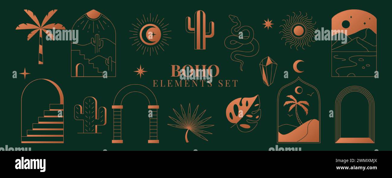 Set di elementi boho. Cactus a linea mistica boema, sole, luna, cristallo, palma, scale, paesaggio desertico e struttura ad arco. Semplici simboli esoterici magici ad arco lineare, icone astrologiche su sfondo scuro Illustrazione Vettoriale