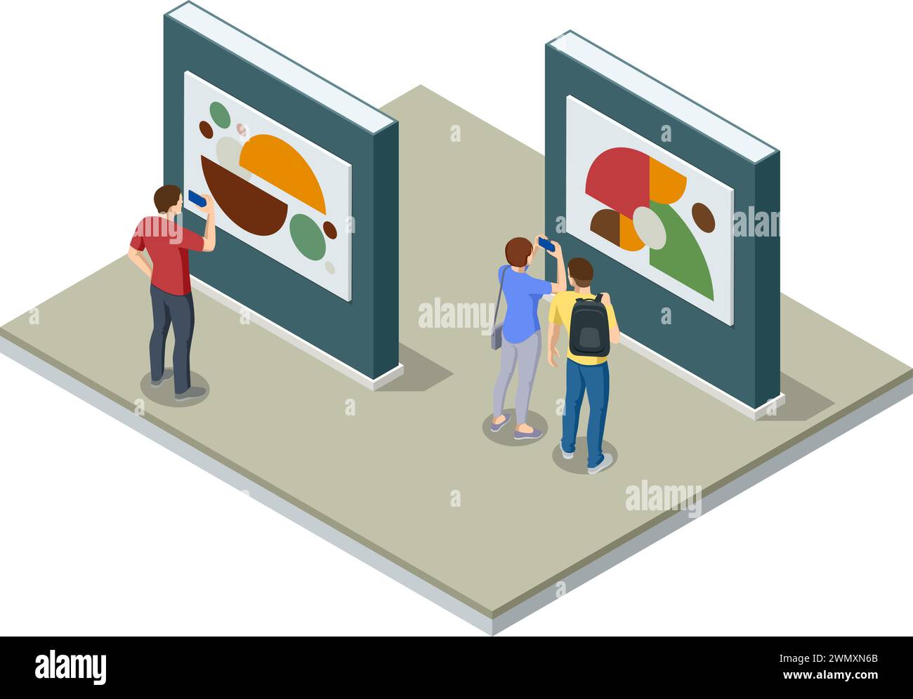 Isometric Interior of the Modern Art, un museo d'arte. Sala all'interno del museo con opere d'arte e visitatori. Illustrazione Vettoriale