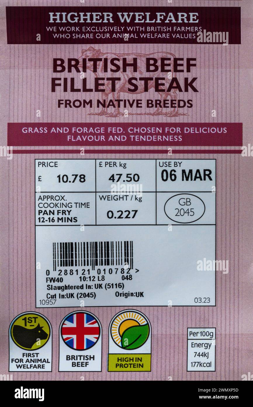Etichetta sulla bistecca di filetto di manzo britannico di razze autoctone - erba di maggiore benessere e foraggio nutriti per un sapore delizioso e tenerezza Foto Stock