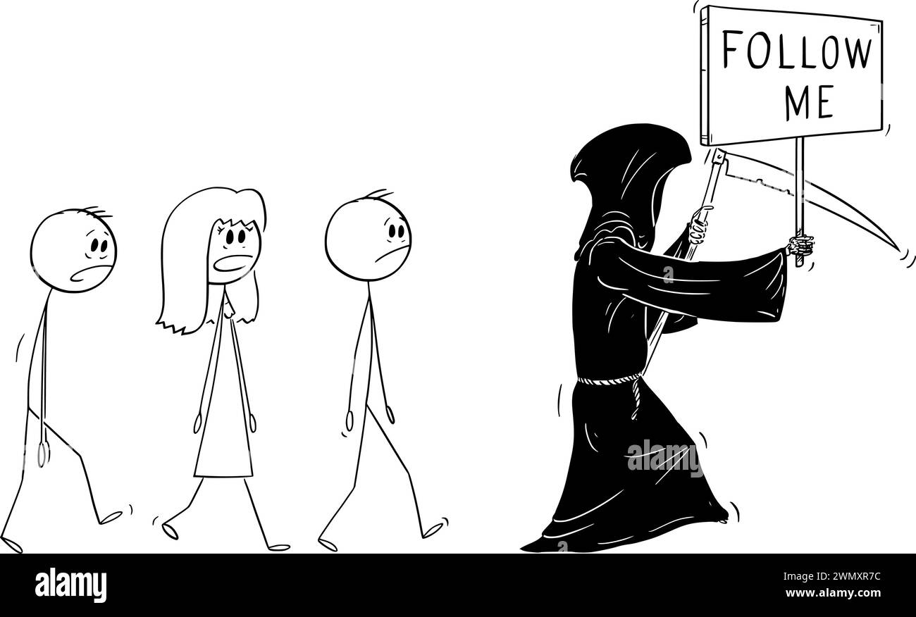 Death or Grim Reaper Walking with Follow me Sign, Vector Cartoon Stick Figure Illustration Illustrazione Vettoriale