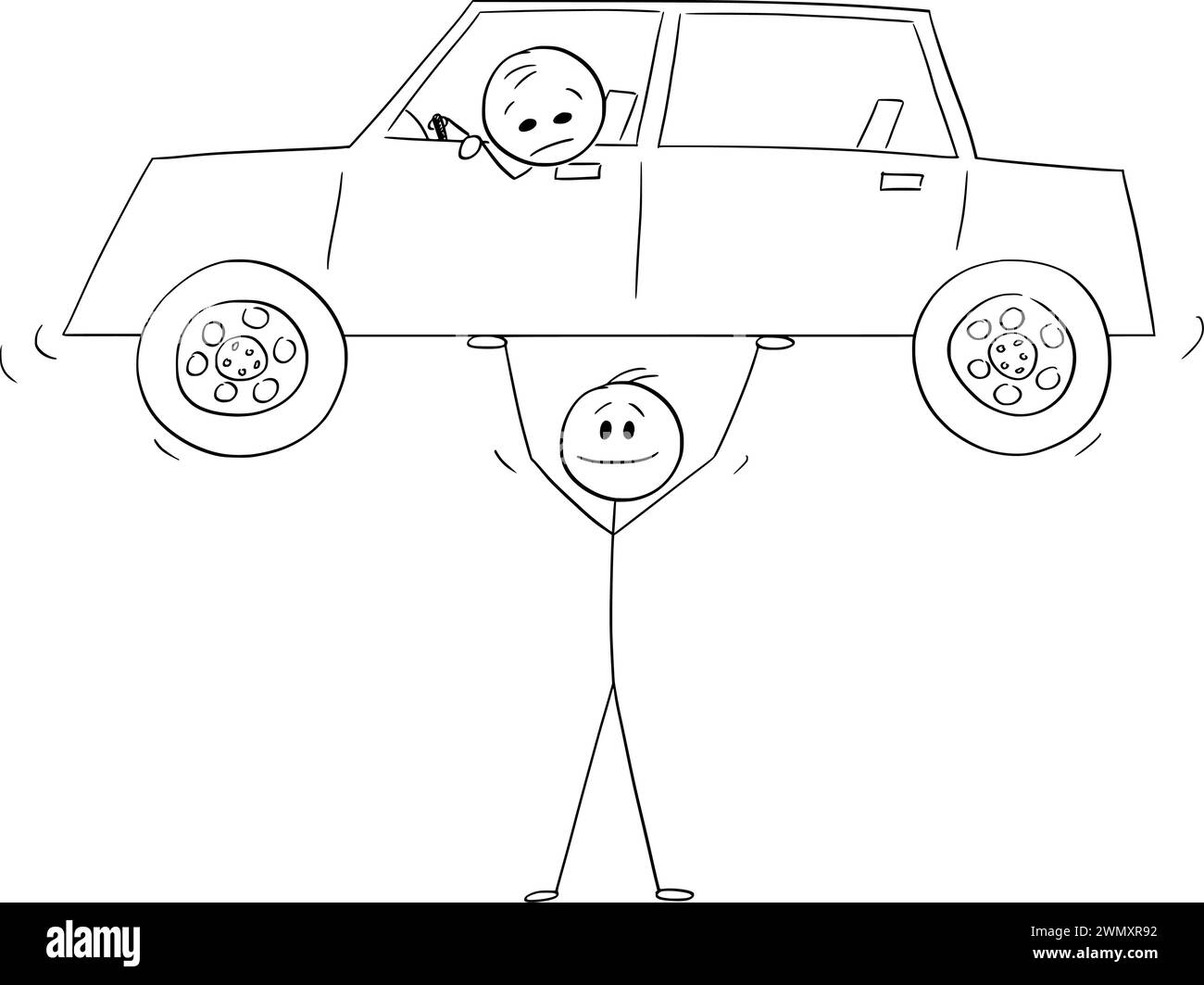 Persona o uomo d'affari che solleva l'auto tra le mani, illustrazione della figura di un Cartoon Stick vettoriale Illustrazione Vettoriale