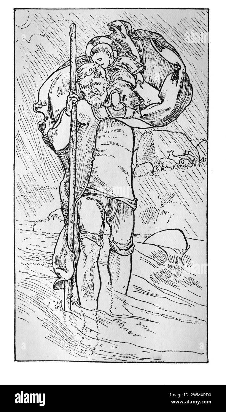 San Cristoforo che trasporta Gesù attraverso il torrente: Incisione da vite dei Santi del reverendo Sabin Baring-Gould, pubblicato nel 1898 Foto Stock