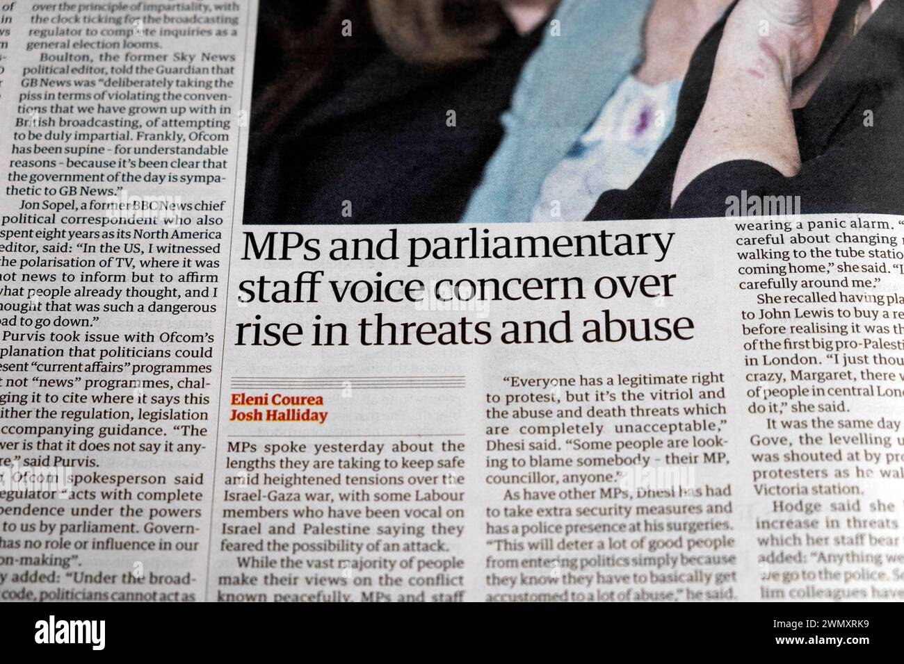 "Gli MPS e il personale parlamentare esprimono preoccupazione per l'aumento delle minacce e degli abusi” titolo del quotidiano Guardian 24 febbraio 2024 Londra Regno Unito Foto Stock