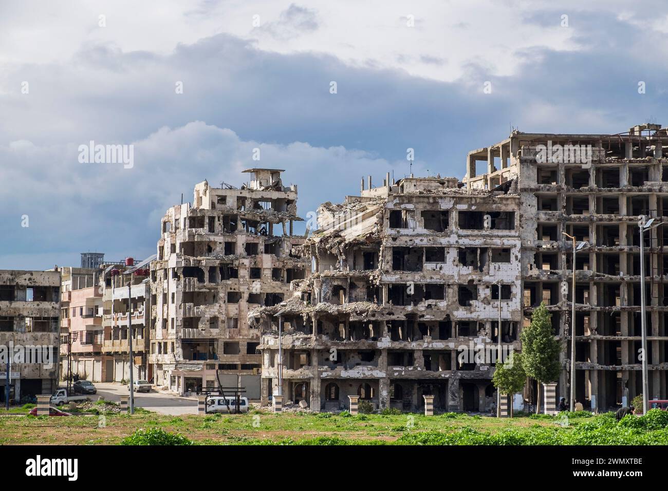 Siria, Homs, edifici distrutti dai bombardamenti Foto Stock