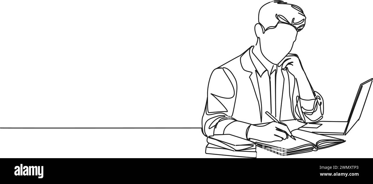 disegno continuo di una persona che studia alla scrivania con notebook e libri, illustrazione vettoriale line art Illustrazione Vettoriale