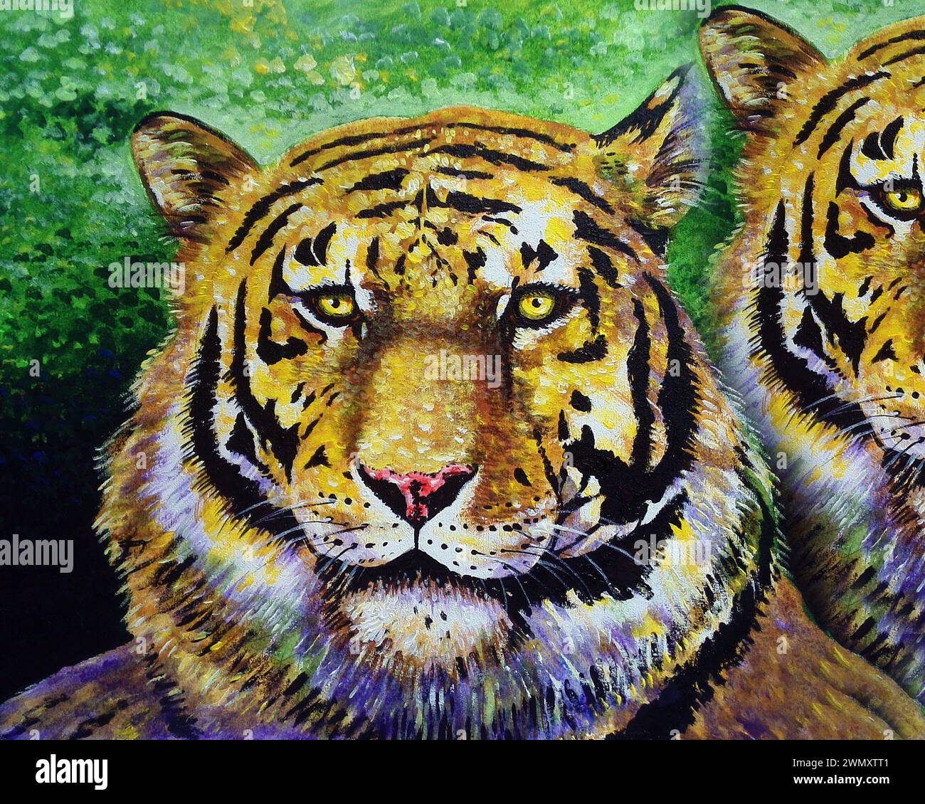Pittura d'arte colore ad olio della tigre di panthera nella foresta Foto Stock