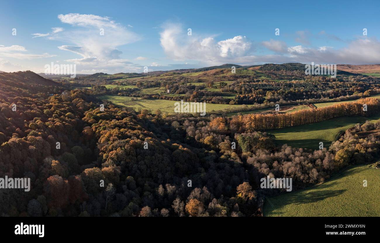 Veduta aerea e con droni della Fleet Valley National Scenic area in autunno, vicino a Gatehouse of Fleet, Dumfries & Galloway, Scozia Foto Stock