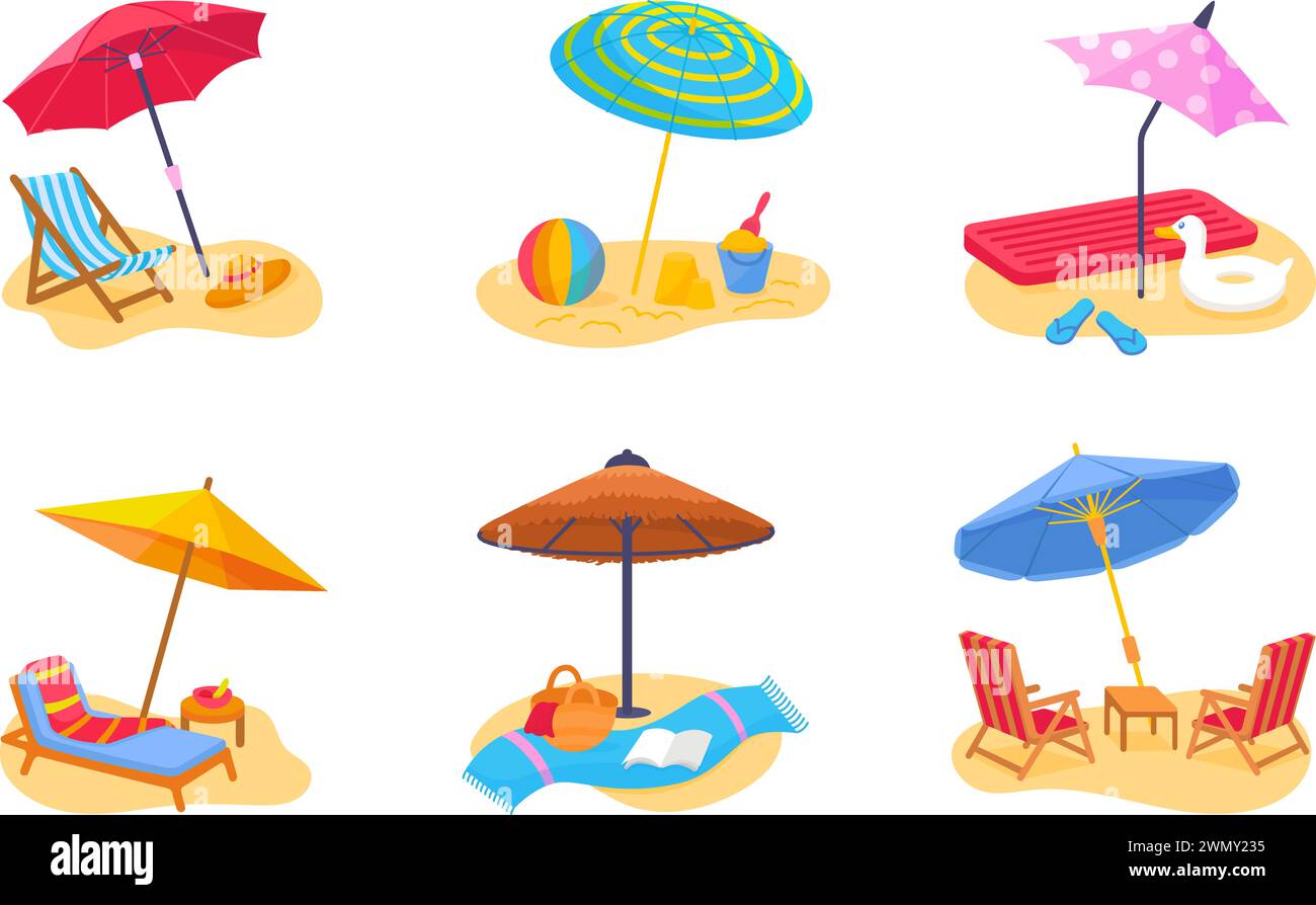 Sedie a sdraio e ombrelloni. Vacanze estive, viaggi in mare e riposo. Ombrelloni, giocattoli di sabbia e asciugamano, concetto di vettore neoterico Illustrazione Vettoriale