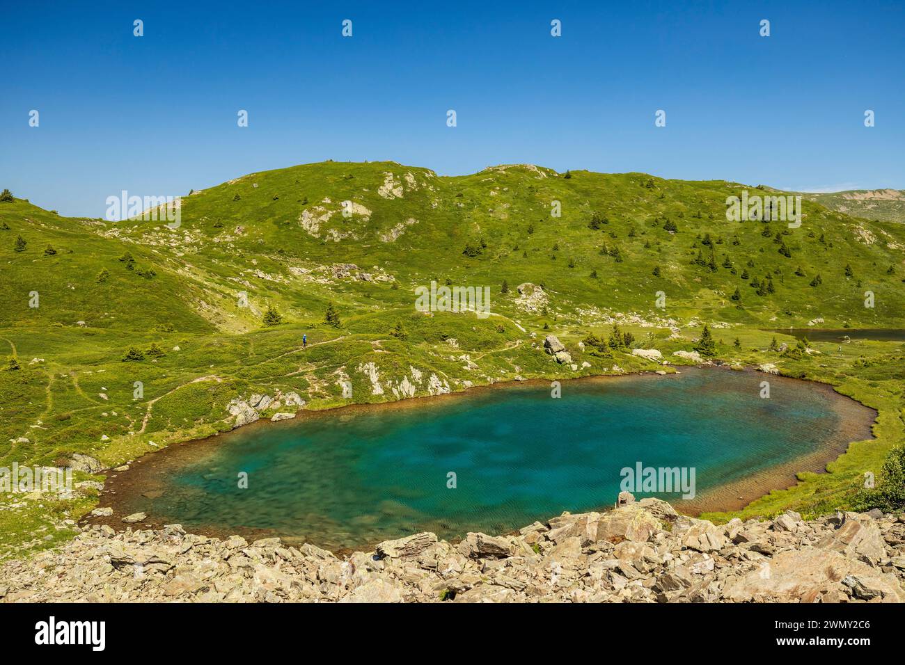Francia, Isère, Matheysine, massiccio di Taillefer, Plateau des Lacs (2068 m) lungo il sentiero escursionistico GR 50, lago turchese senza nome Foto Stock