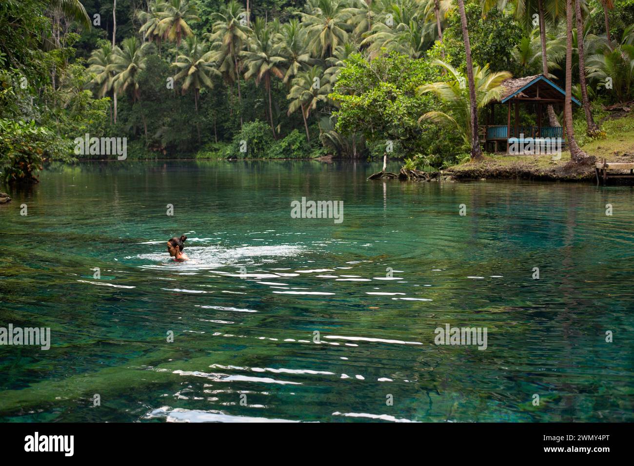 Una donna turistica che nuota al lago Paisu Pok a Luk Panenteng, Banggai, Sulawesi, Indonesia. Foto Stock