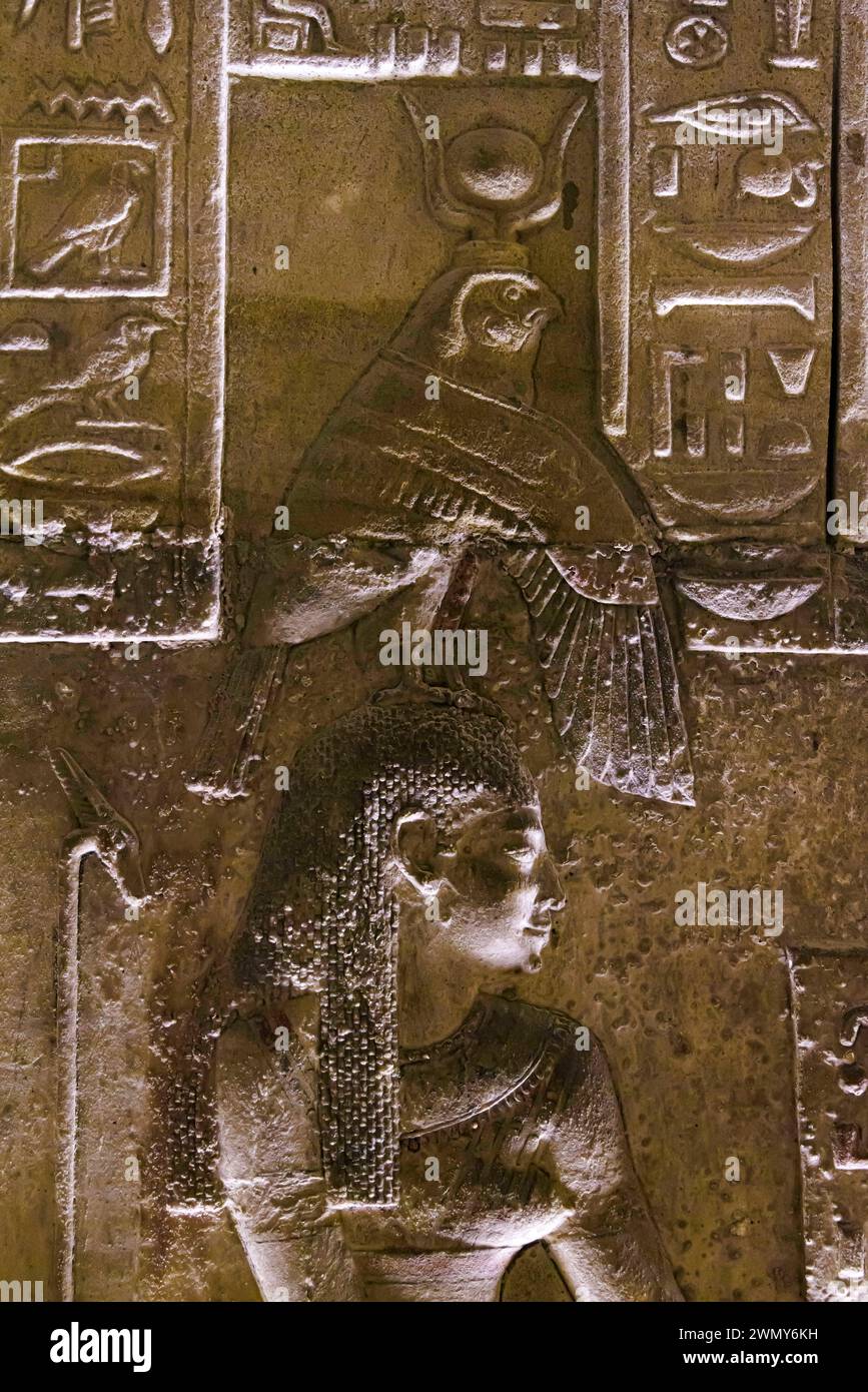 Egitto, Qena, Dendera, templi faraonici nell'alto Egitto dal periodo tolemaico e romano, patrimonio mondiale dell'UNESCO, Tempio di Hathor, bassorilievo della cripta Foto Stock