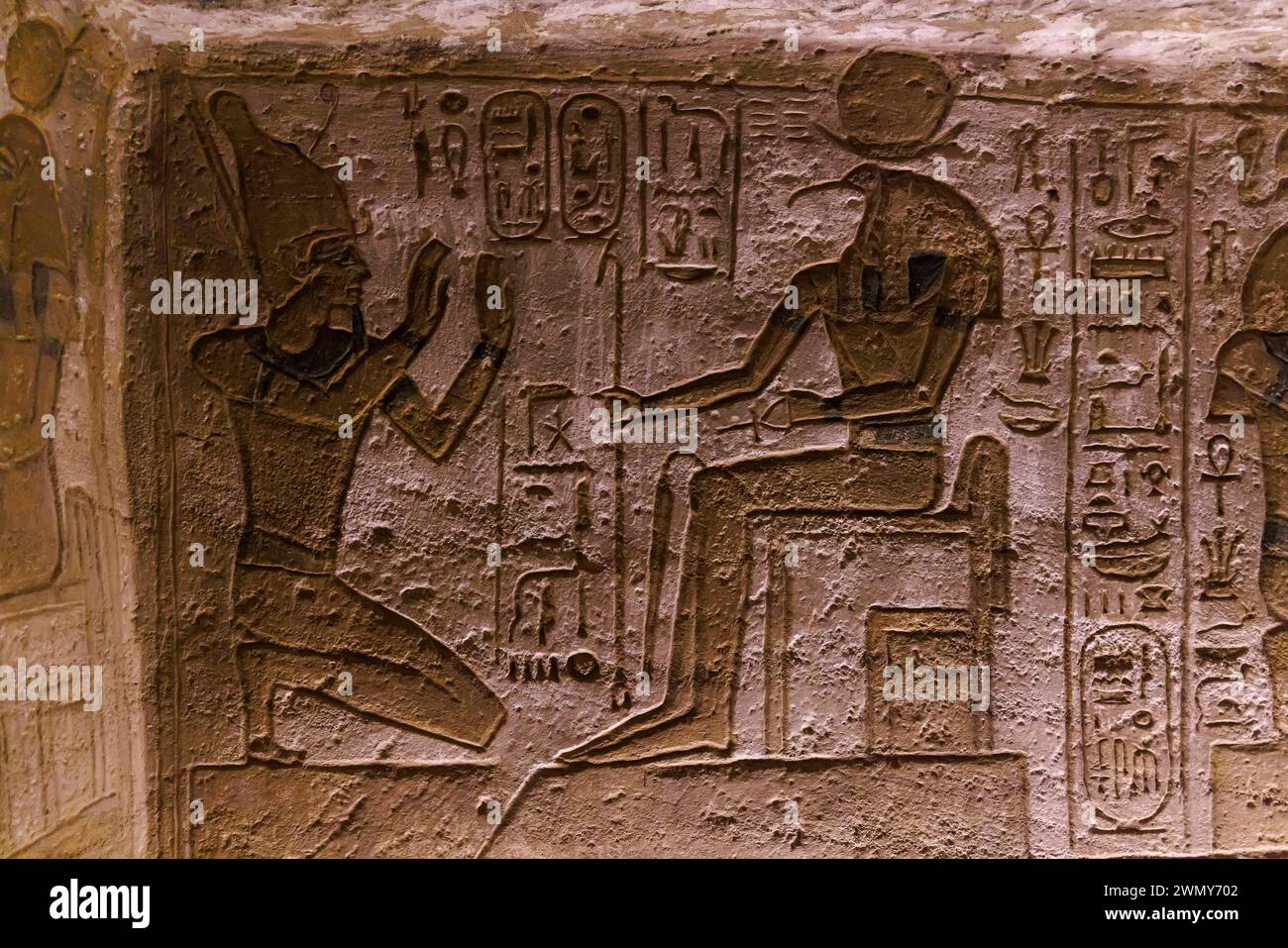 Egitto, Abu Simbel, monumenti nubiani da Abu Simbel a file, patrimonio mondiale dell'UNESCO, tempio Ramses II, Ramses II e Thot Foto Stock